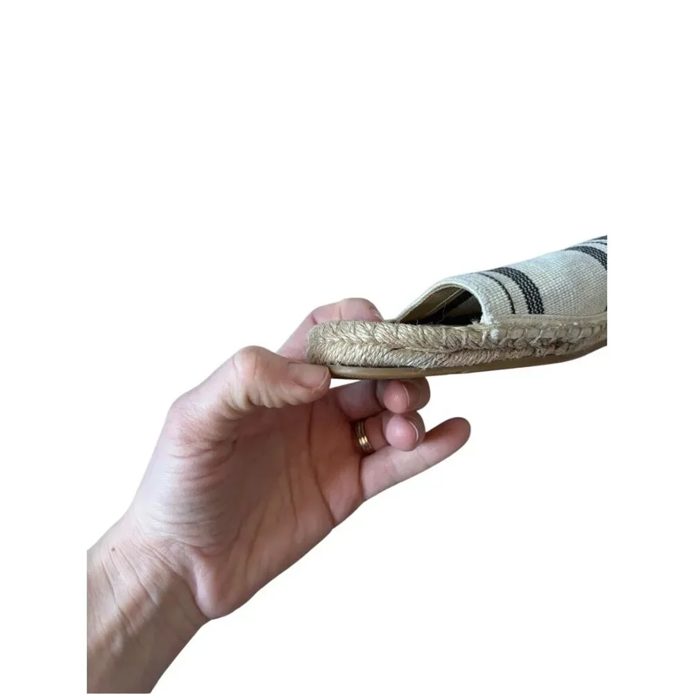 Tory‎ Burch Womens Awning Striped Ivory Blue Espadrilles Sandals Shoes 8